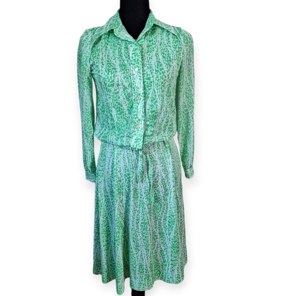 Vintage 70s Green Op Art Dress Set Medium - Picture 3 of 7